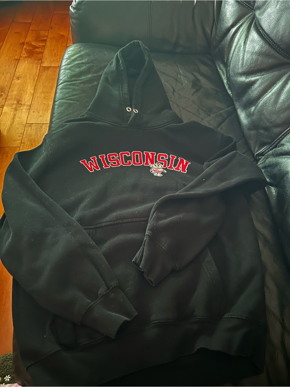 Like BRAND NEW Wisconsin Black Hooded Sweatshirt with Red Logo. Size Medium